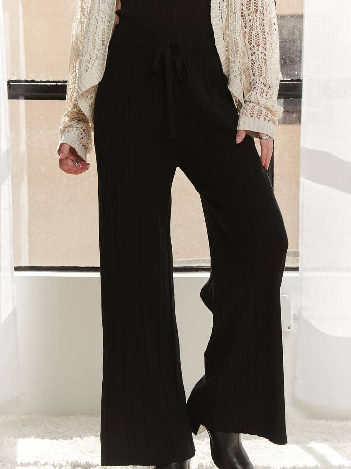 ADORA LA - Wholesale Pants - Women's - CEP3883-WAIST TIE TEXTURE WIDE LEG KNIT PANTS1