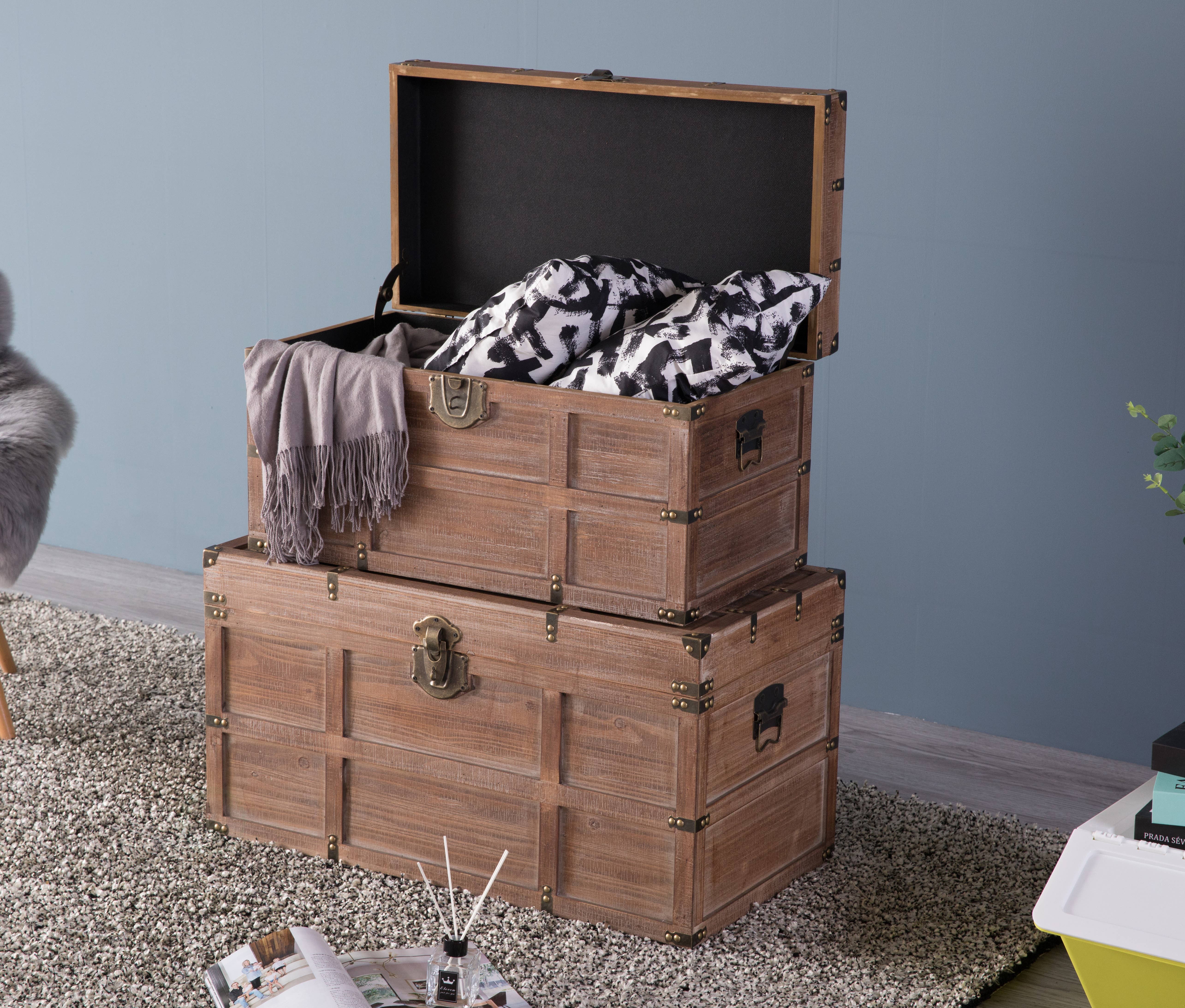 Quickway Imports – wholesale Prydnadslåda – Trä rektangulär fodrad rustik förvaring trunk med spärr6