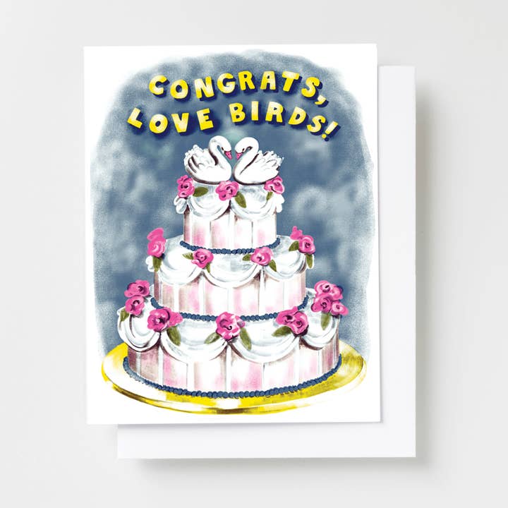 Congratulazioni, Biglietto di Auguri per Matrimonio Risograph Love Birds per la vendita all'ingrosso da parte di Yellow Owl Workshop