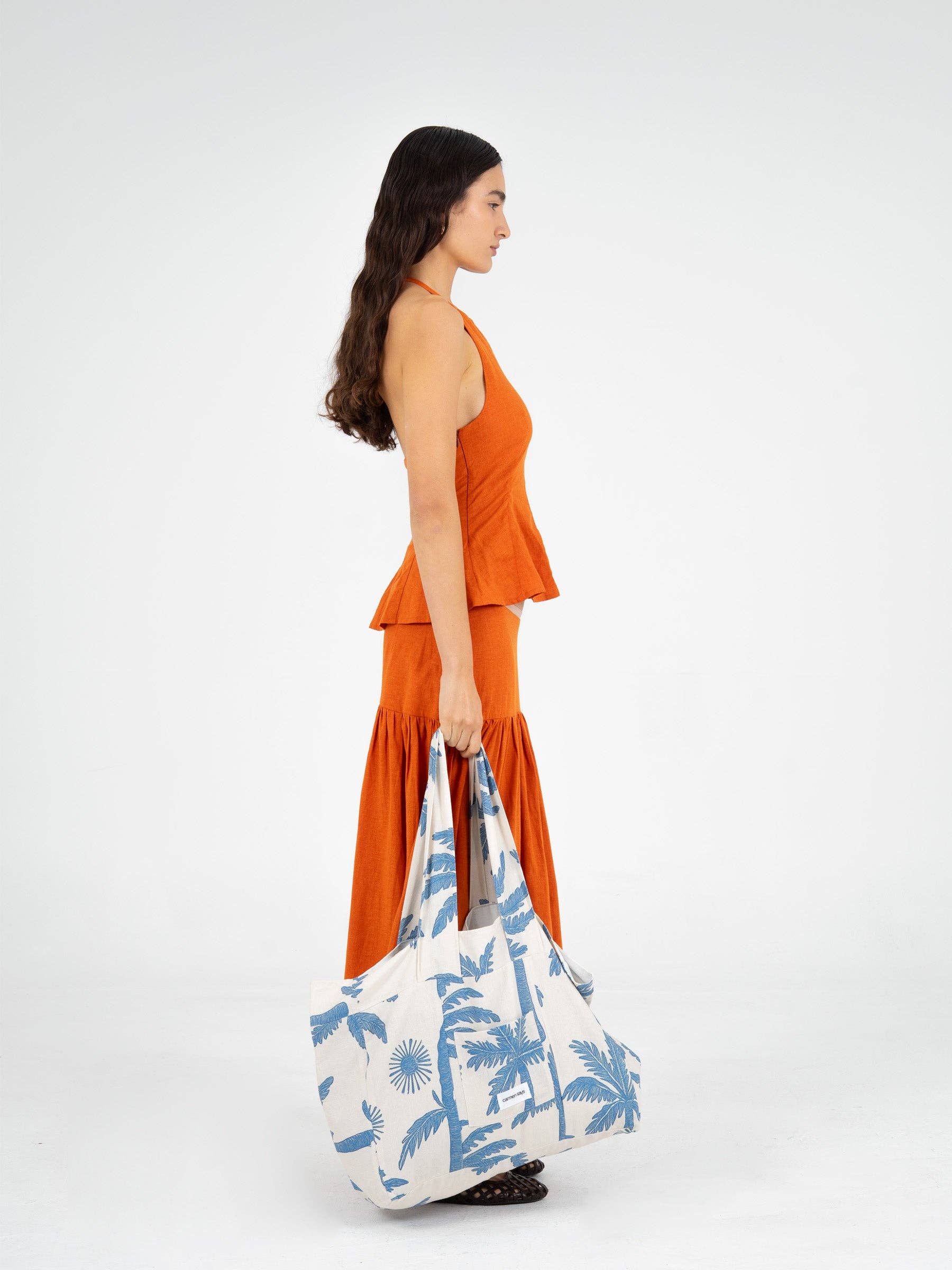 CARMEN SAYS - Wholesale Beach Bag - Bolso de playa de lino con estampado de palmas Elios2