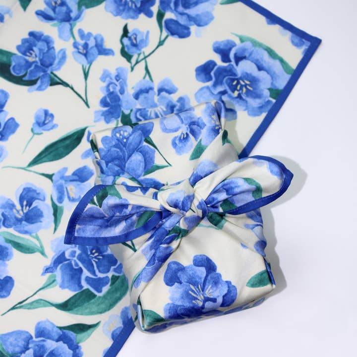 Mackenzie Kuck Art + Textiles - Wholesale Flat Wrap - Reusable Gift Wrap | Blue Blossoms1