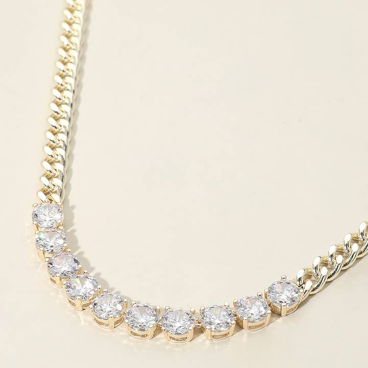 14K Gold Plated Round-Cut Solitaire CZ Stone Link Necklace for wholesale by Sensibling Corp.