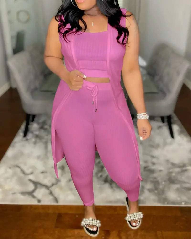 Fashion Combination - Wholesale Top & Pant Set (NOT Loungewear) - Women's - Solid Color Ribbed Knit Two-Piece Set for Women8