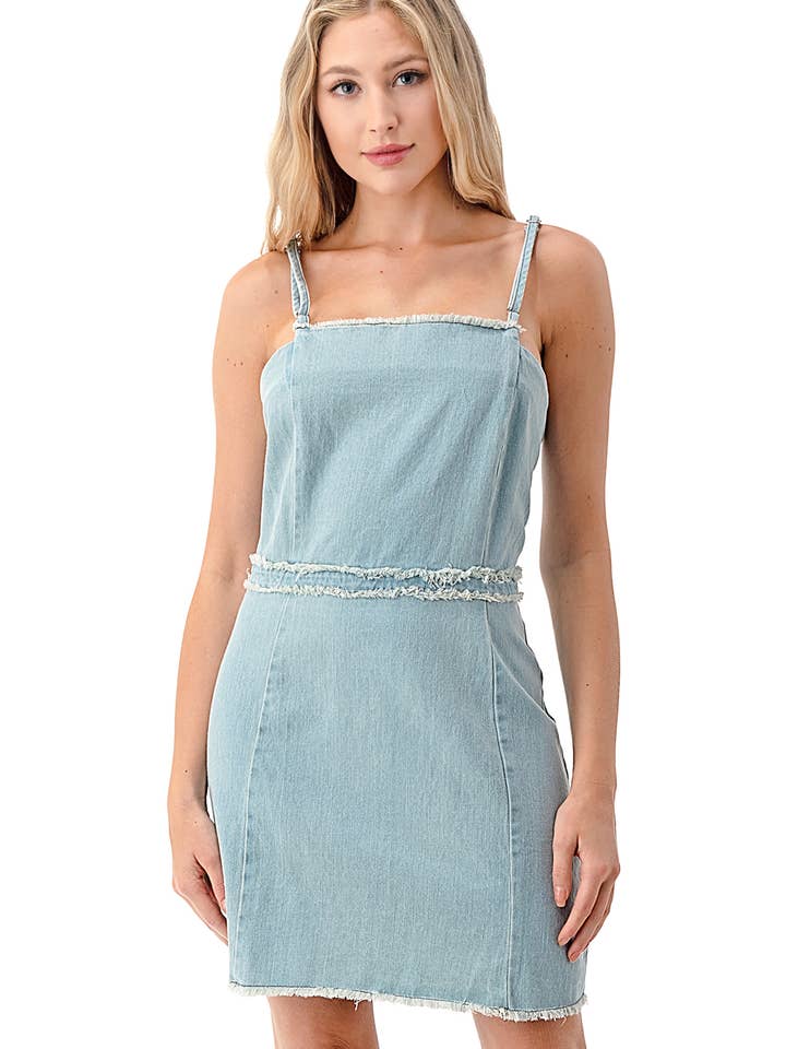 Vävd rosa rå kant Denim Miniklänning för wholesale av Woven Pink