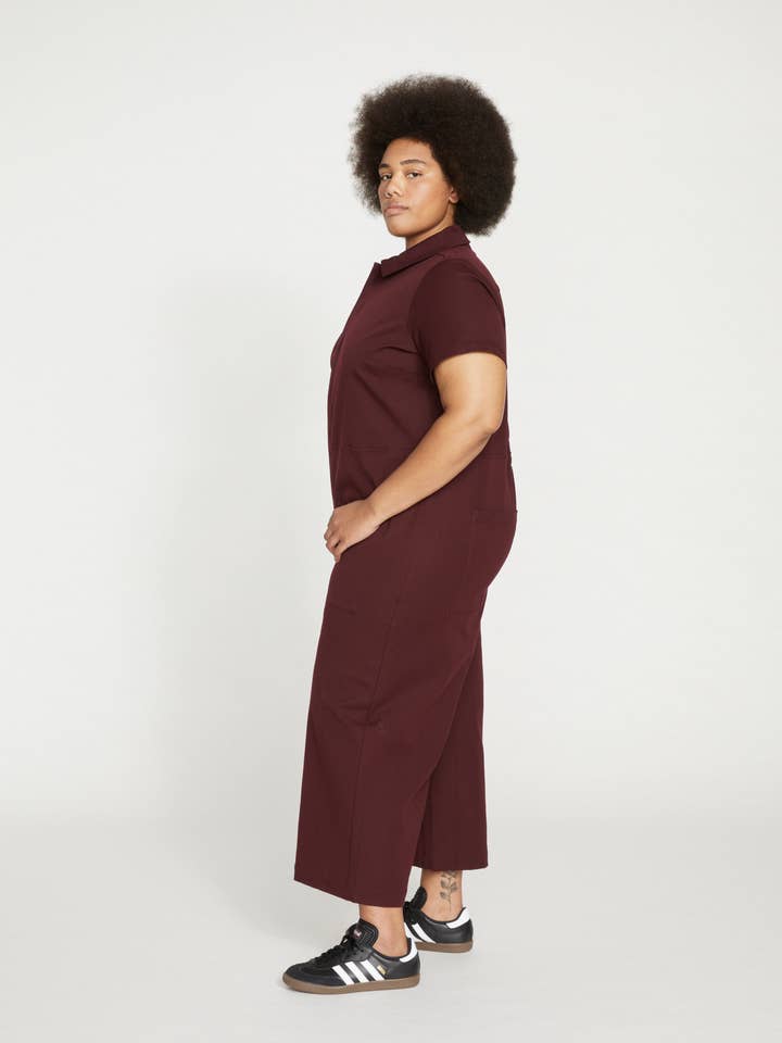 Kate Stretch Cotton Twill Jumpsuit - Black Cherry for wholesale on Faire