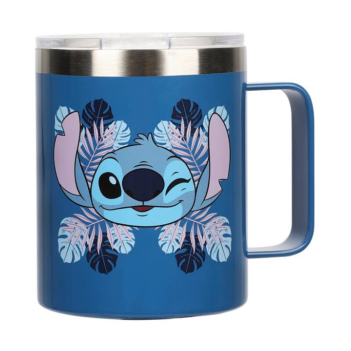 Stitch Face and Leaves 14oz Vacuum Sealed Stainless Steel Coffee Mug for wholesale by Bioworld Merchandising
