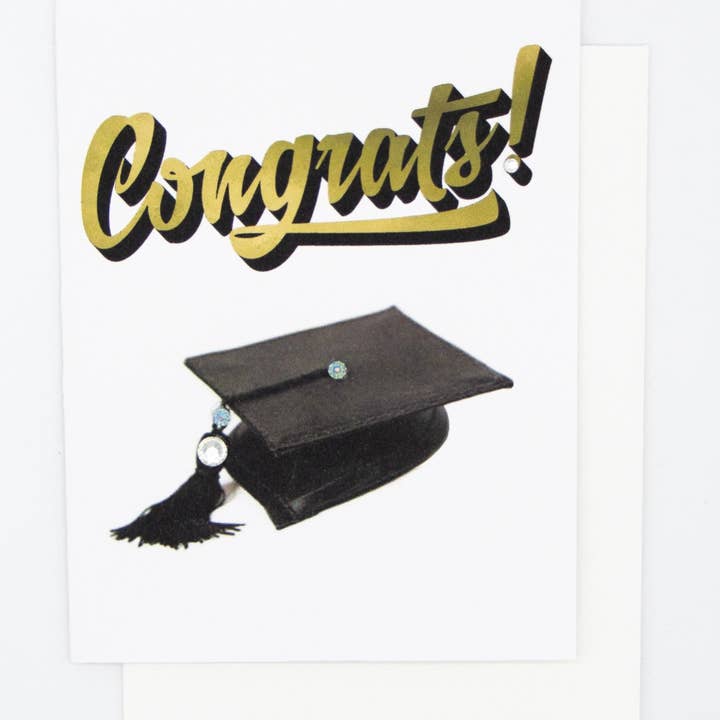 Russell Jeffery Design by Off By Heart Design - Wholesale Graduation card - Congrats! Graduation Greeting Card – Black Cap & Gold Letter