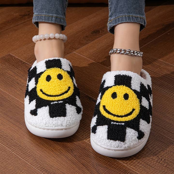 Black HOME CHECKERBOARD SMILEY FACE COTTON SLIPPERS_CWSHS0559 for wholesale on Faire