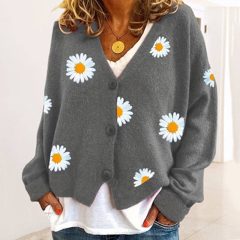 Sweetkama - Wholesale Cardigan - Women's - Ladies Sun Flower V-Neck Long Sleeves Sweater 23692