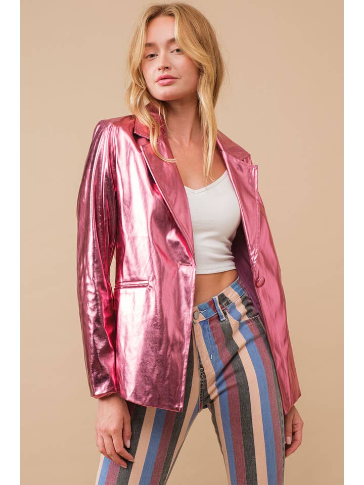 Blue B - Wholesale Blazer - Women's - 61245J - Metallic Pu Loose Single Blazer Jacket1