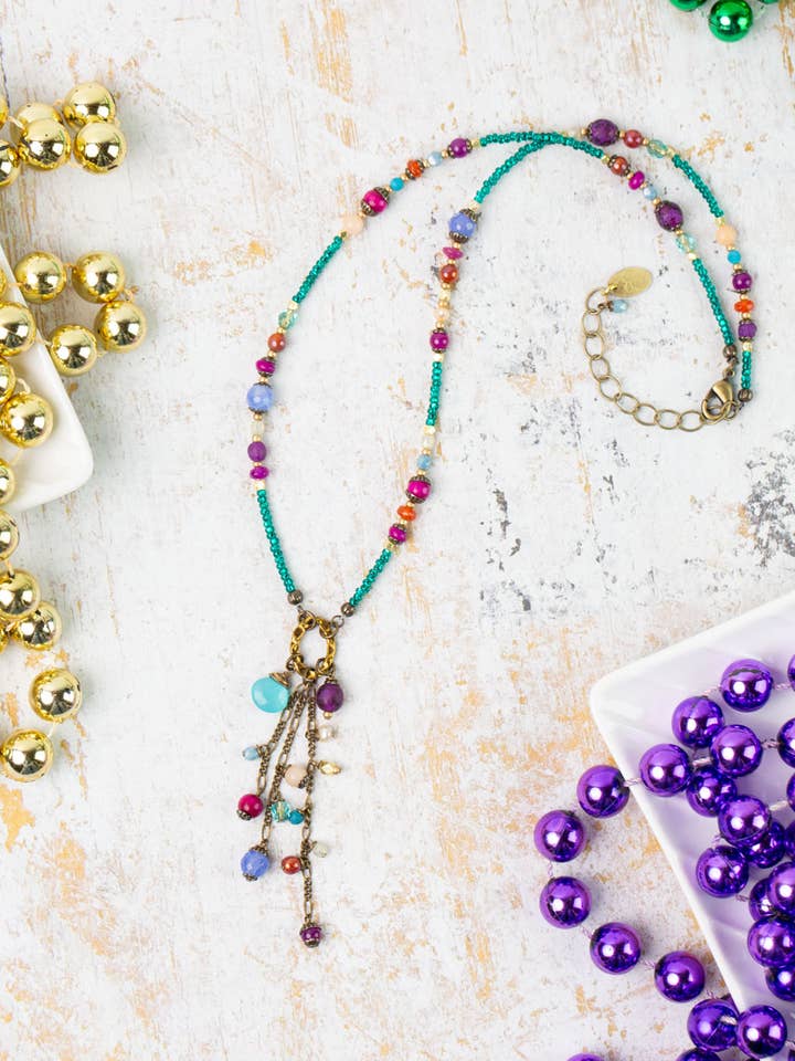 Mardi Gras 17.5-19.5" Czech Glass, Chalcedony Tassel Necklace for wholesale by Anne Vaughan Designs Jewelry