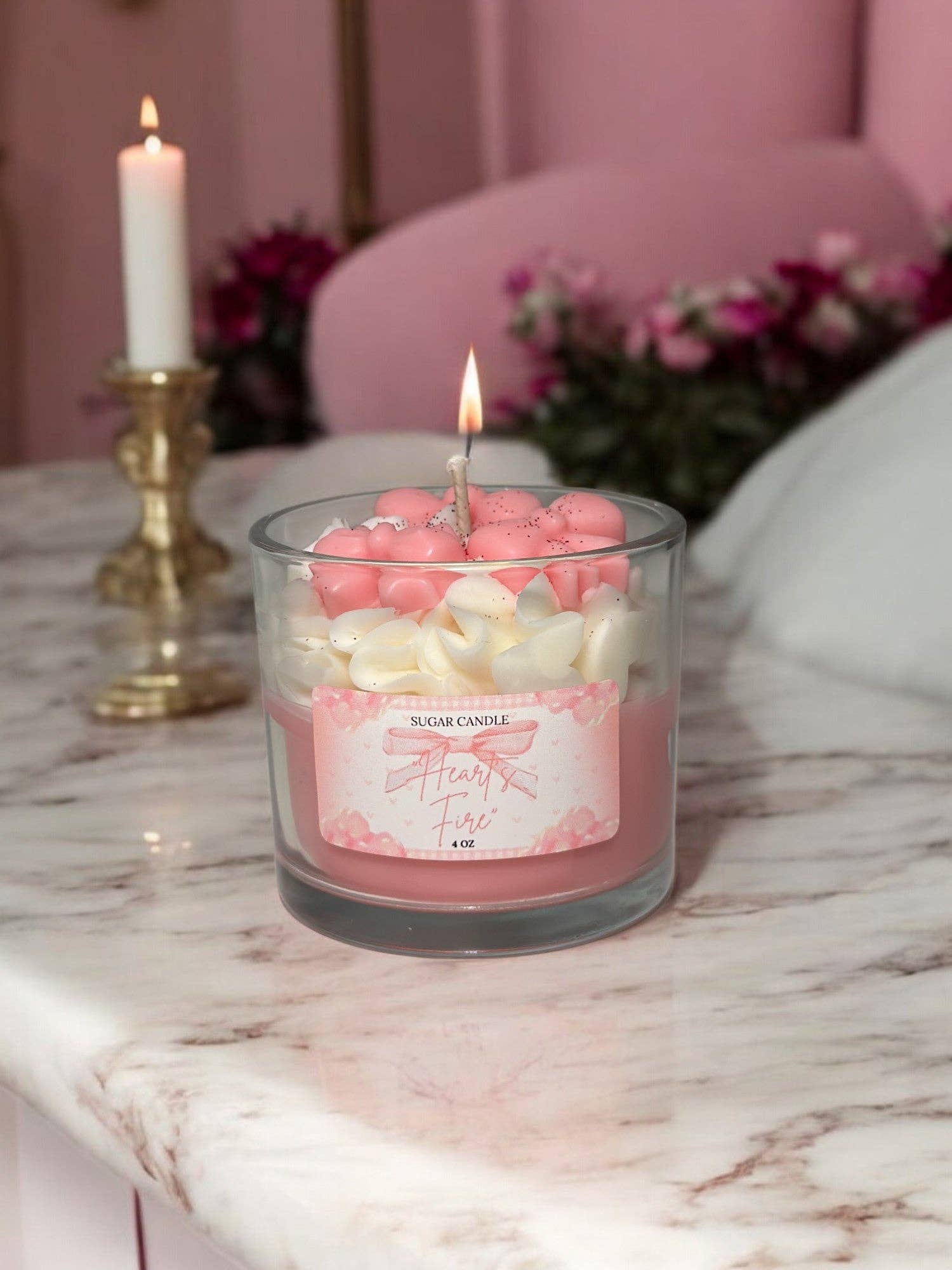 Sugar Candle - Wholesale Jar/Filled Candle - Hearts Fire Pink Candle: Soy Wax, Gift & Retail Ready0