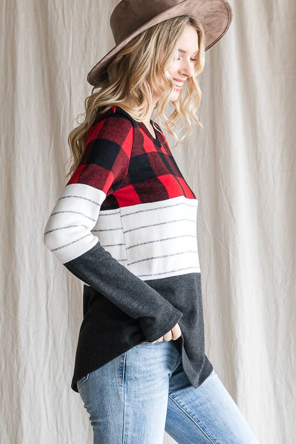 7th Ray - Wholesale Knit Top - Women's - Cozy Color Block Plaid Striped Thumbhole Pullover TopT4423-112