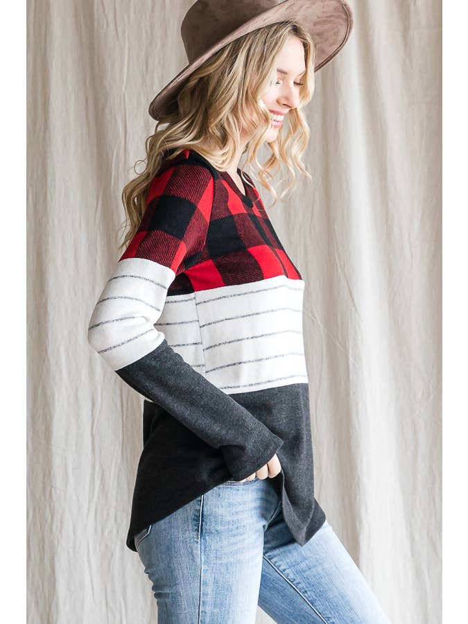 7th Ray - Wholesale Knit Top - Women's - Cozy Color Block Plaid Striped Thumbhole Pullover TopT4423-112