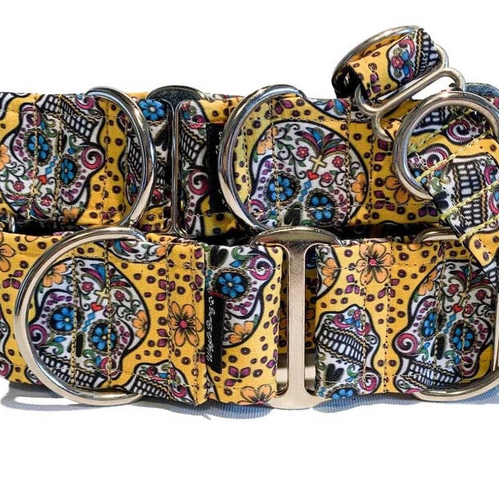 Sugar Skulls Yellow Dog Collar for wholesale by Wiggle Bumz