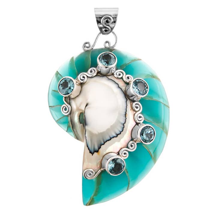 925 silver cool blå topas turkosblå öppen nautilussnäcka hänge, 6 cm för wholesale av FifiRose