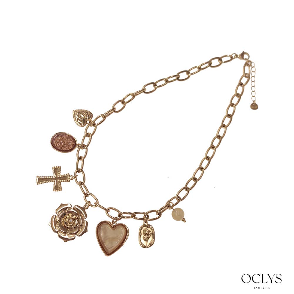 Oclys - Wholesale Pendant/Charm Necklace - Pink charm necklace in gold stainless steel Coco3