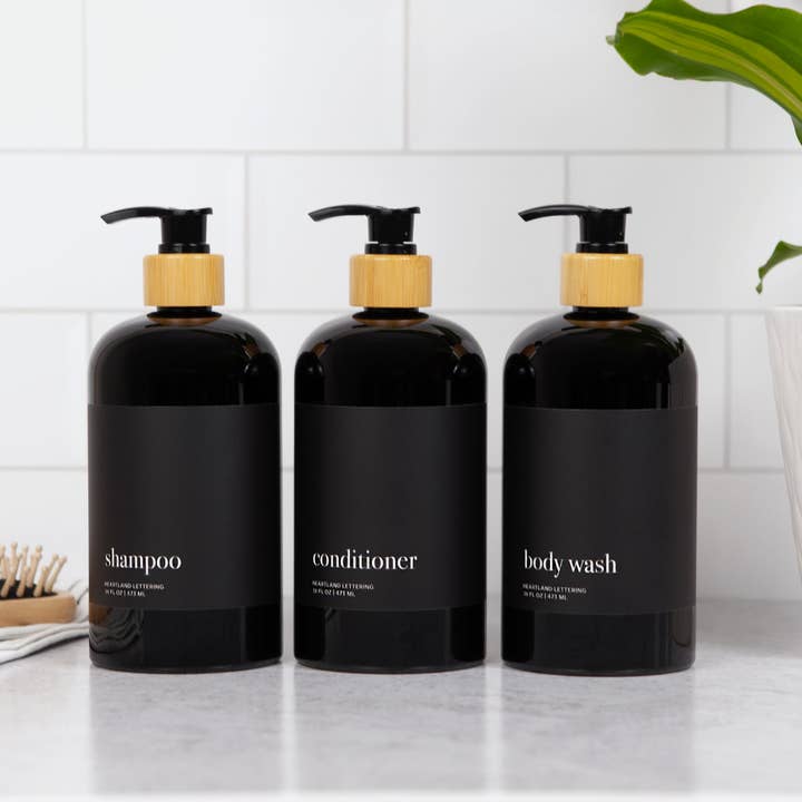 Black Minimalist Shower Dispenser Bottles - Manhattan Collection, Black Matte Label | Black Glossy Bottle for wholesale by Joie Designs Co. | Refillable Bottles