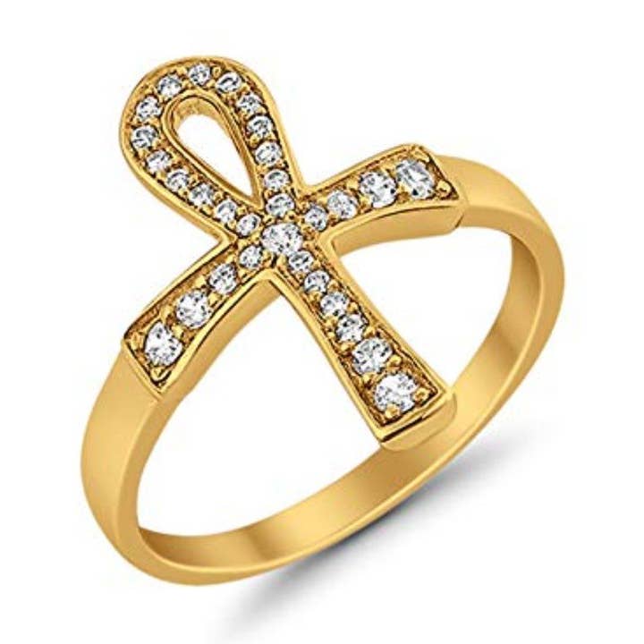 Anello Cross Ankh Eternity giallo con zirconia cubica simulata per la vendita all'ingrosso da parte di Blue Apple Imports