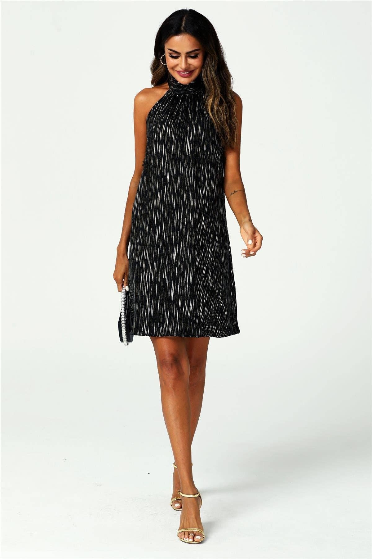 Gold Foil Halter Neck Tie Back Mini Dress In Black for wholesale on Faire4