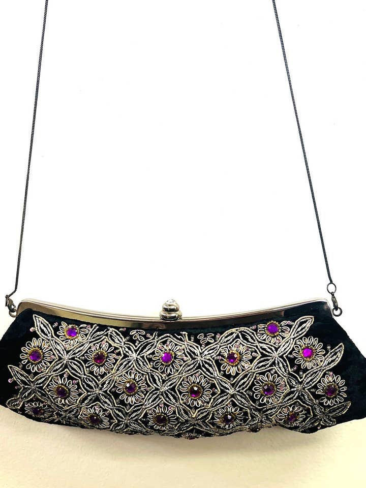 Leather and velvet metal frame geo embroidered clutch for wholesale by Ricki designs
