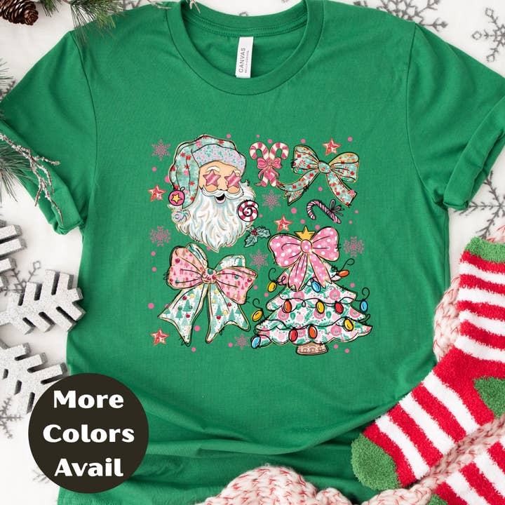 Epic Life - Designed - Wholesale Graphic sweatshirt – Women’s - Pastel Santa & Bows Christmas Shirt or Sweatshirt – Cute Holiday Tree Top S-4XL Plus Size – Multiple Colors – Girly Retro Christmas Tee8