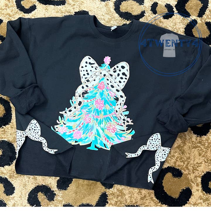 4Twenty4 Printed Apparel - Wholesale Graphic Sweatshirt - Women's - Watercolor Christmas Tree Coquette Side Bow Sweatshirt (Black)