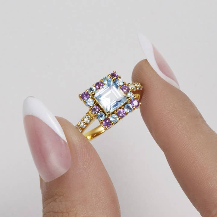 BLUE TOPAZ & AMETHYST SQUARE COCKTAIL RING for wholesale by Fool's Gold Jewellery