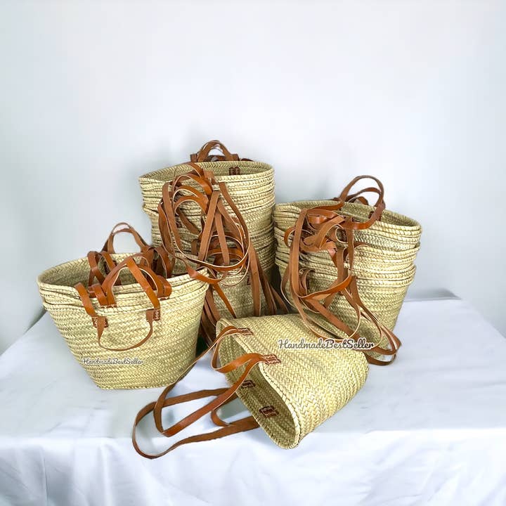 HandmadeBestSeller – wholesale Beach bag – French Market Basket With Leather Handles, Straw bag