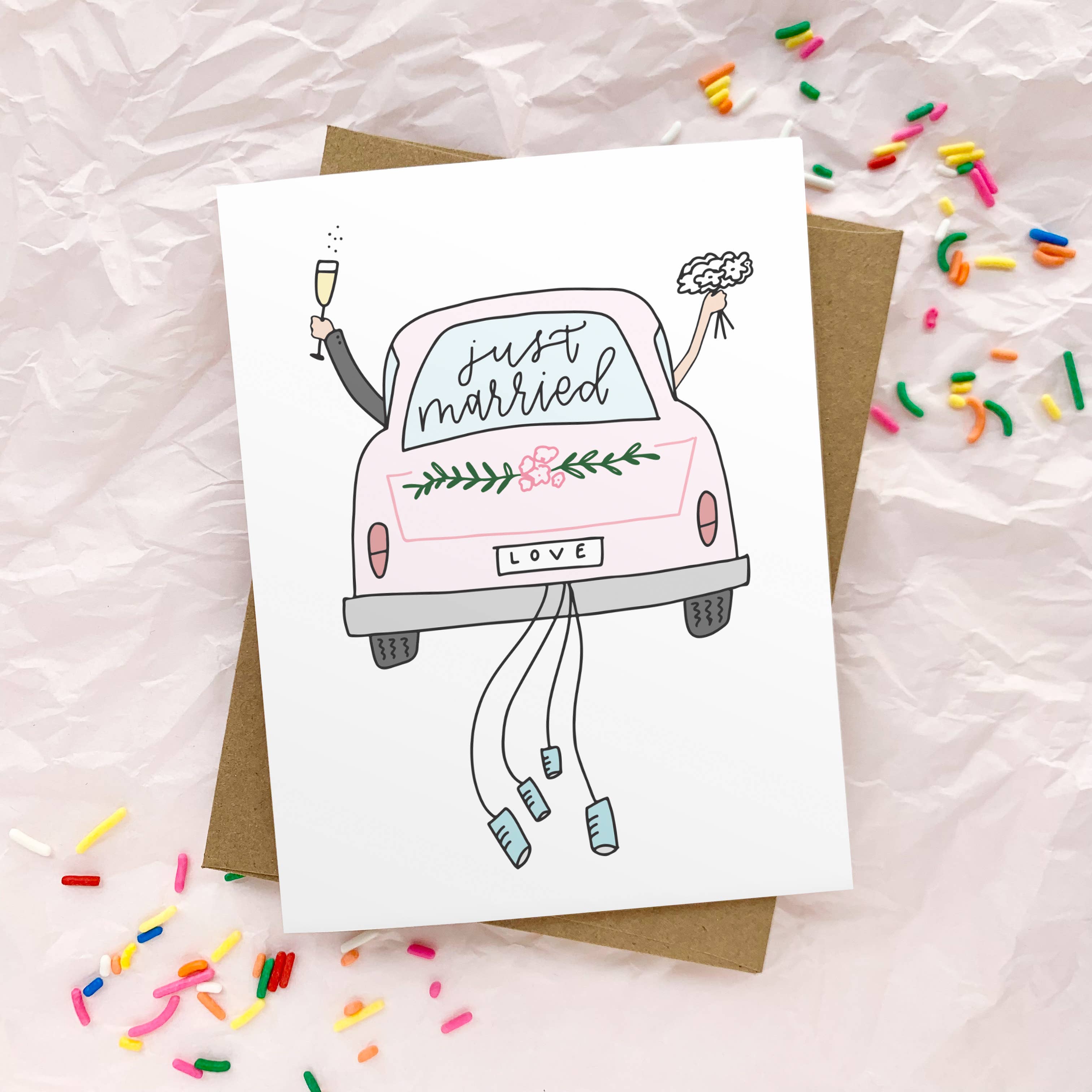 Happy Tines Design Co. - Wholesale Wedding Card - Greeting Card: Wedding Just Married Car, Engagement, Bride1