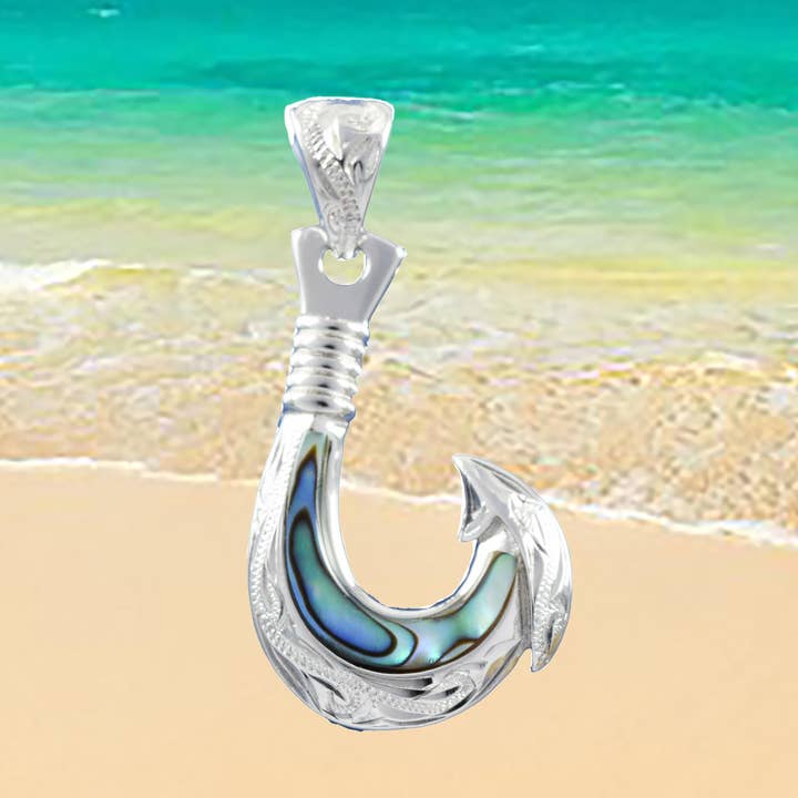 Hawaiian Genuine Paua Shell Fish Hook Pendant, Sterling Silver Abalone MOP Fish Hook Pendant, Christmas Anniversary Birthday Gift for wholesale by Paradise Treasures Jewelry