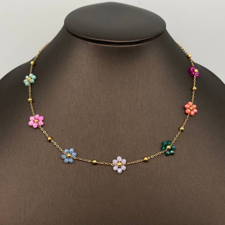 7 Color Glass Beaded Flowers 18K Gold Plated SS Necklace-FGS for wholesale by Mio Queena