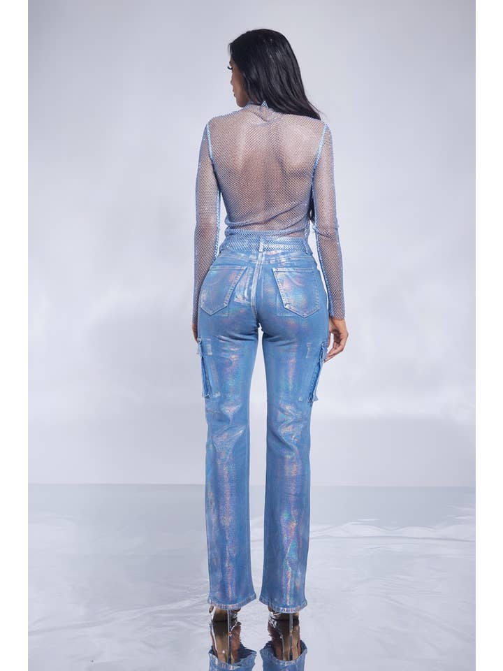 Medium Wash Multi Colored Foil Cargo Denim Stretch Jeans for wholesale on Faire3