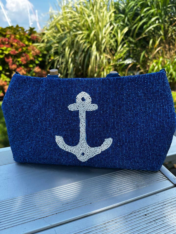 White Anchor Beaded Purse - Bamboo Handles for wholesale by NAVY JANE