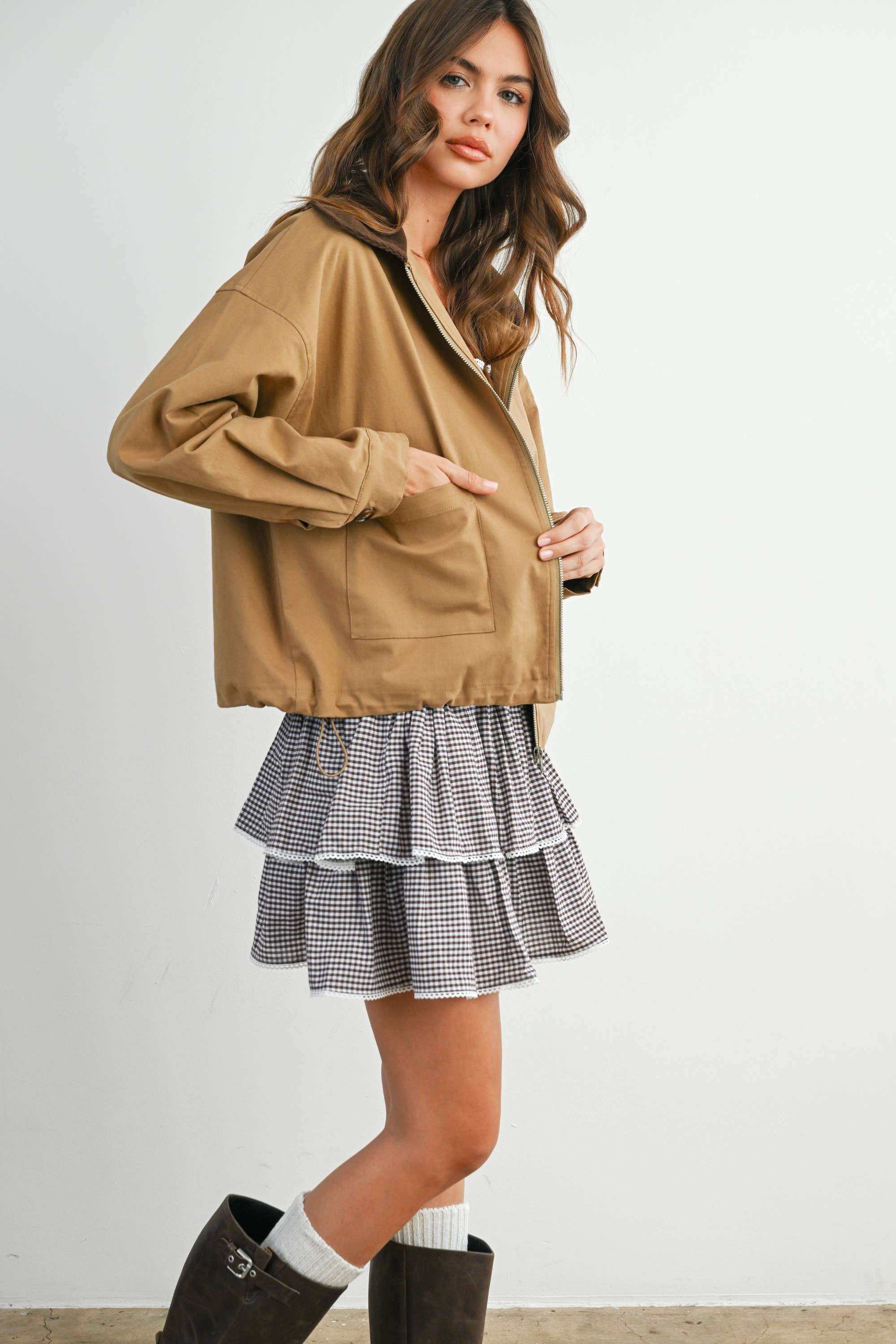 BUTTERMELON - Wholesale Jacket - Women's - Collared Zip-Up Drawstring Jacket - BMJ782514