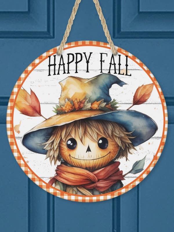 Autumn Decor Happy Fall Smiling Scarecrow Door Hanger for wholesale by Cali Boutique Wholesale