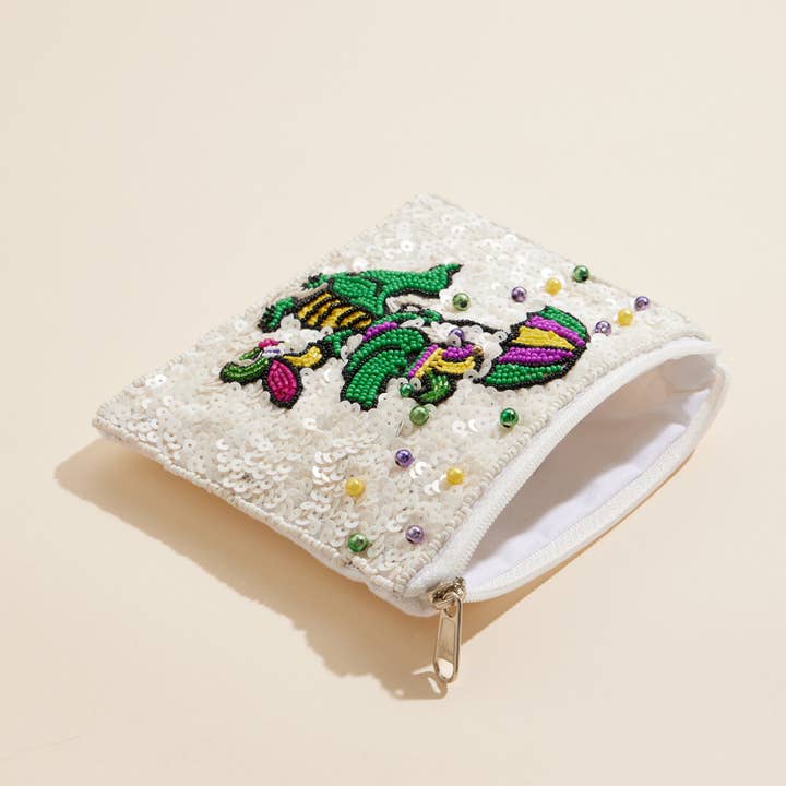 White Mardi Gras Sequin Alligator Beaded Pouch for wholesale on Faire1