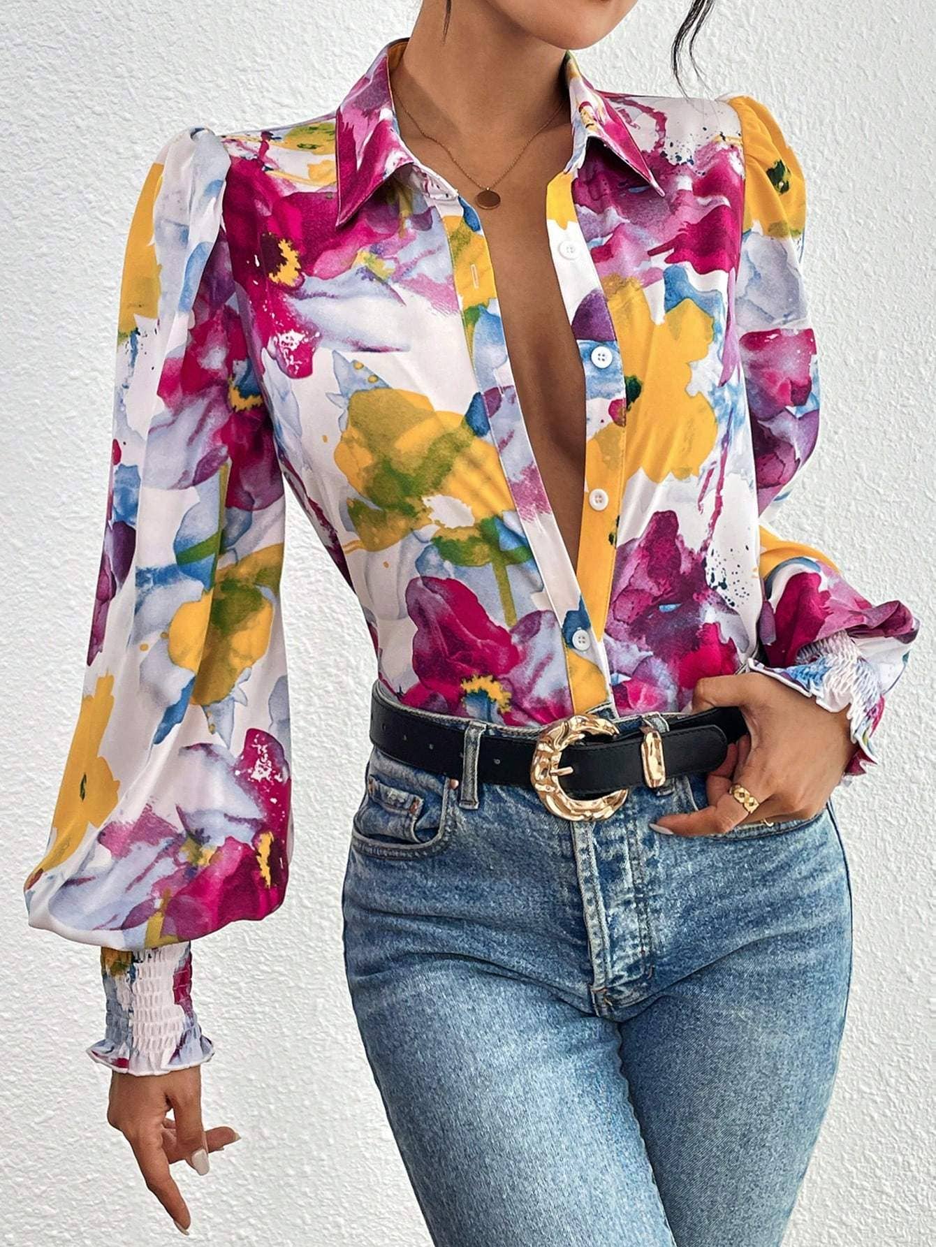 Fashion Combination - Wholesale Button Down Shirt - Women's - priv floral print lantern sleeve shirt42