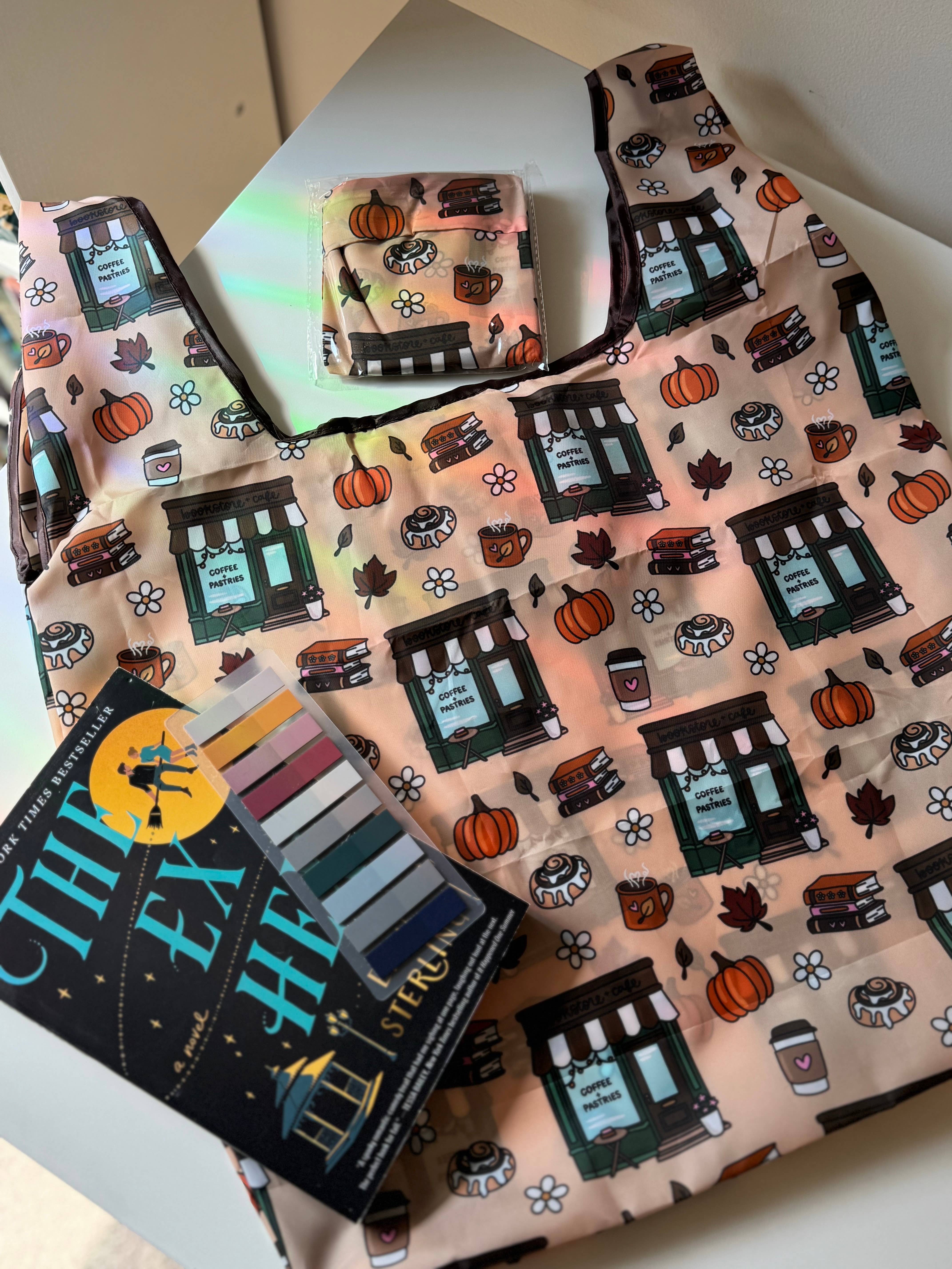 CrescentCatCo - Wholesale Book Cover - Cozy Autumn Bookish Reusable Shopping Bag, Fold Up Pouch 3