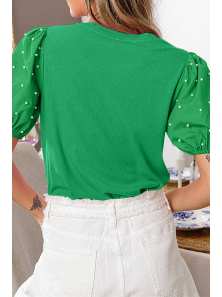 Bright Green Pearl Beaded Puff Sleeve Top for wholesale on Faire