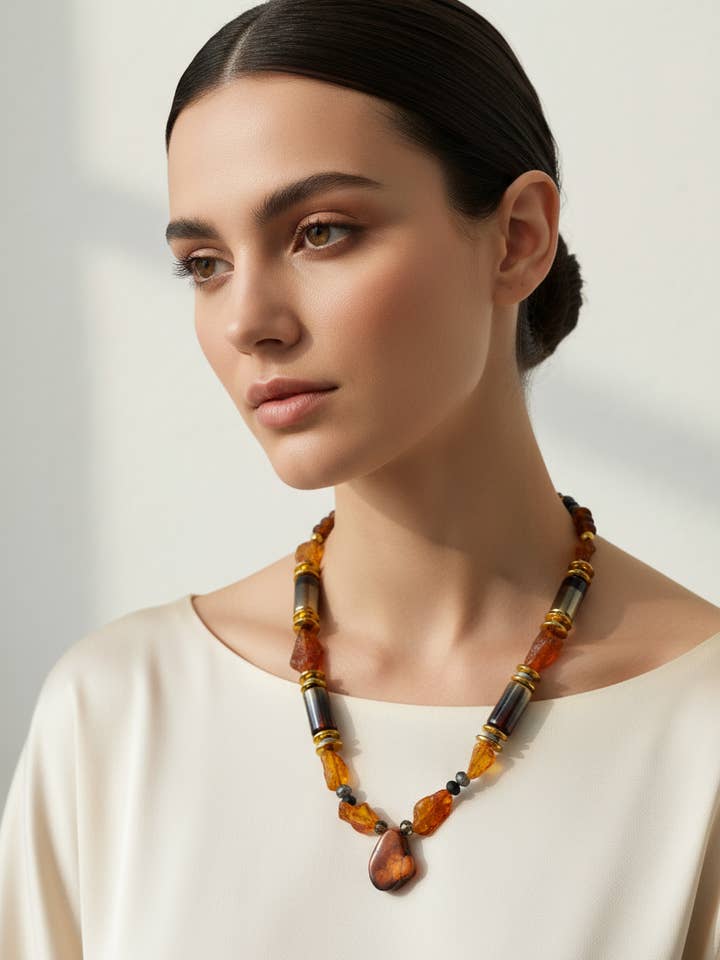 BDL10 - Raw Amber, hematite and crystal necklace for wholesale by Gist Jewellery