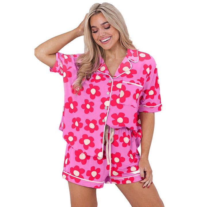 UZ Wholesale Store - Vente Ensemble de vêtements d'intérieur – femme - Ensemble de pyjama à manches courtes imprimé avec boutons