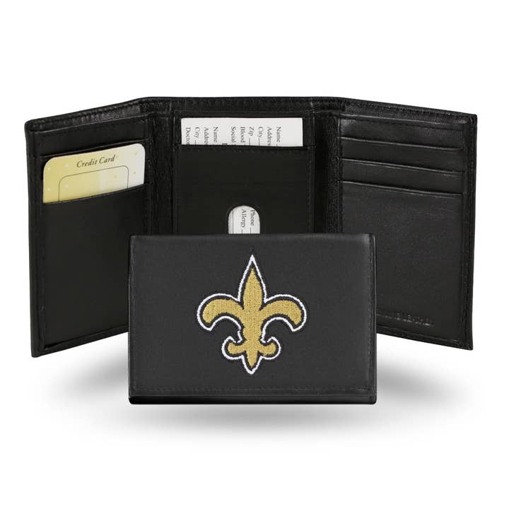 NEW ORLEANS SAINTS BLACK EMBROIDERED LEATHER TRI-FOLD WALLET for wholesale by Good Tymes Enterprises Inc