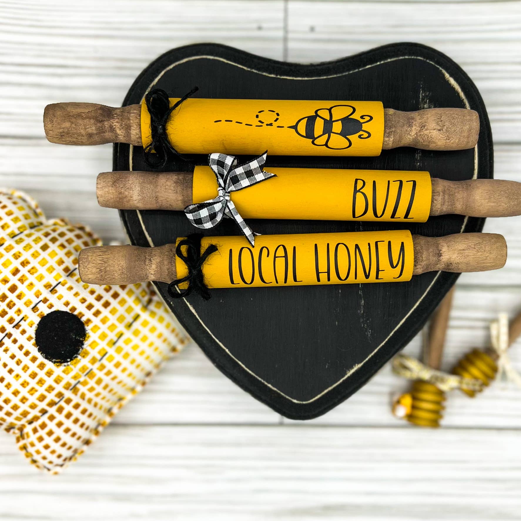 Ruaille Buaille Co – wholesale Decorative tabletop object – Honey Bee decor | Summer tiered tray | Mini rolling pins1