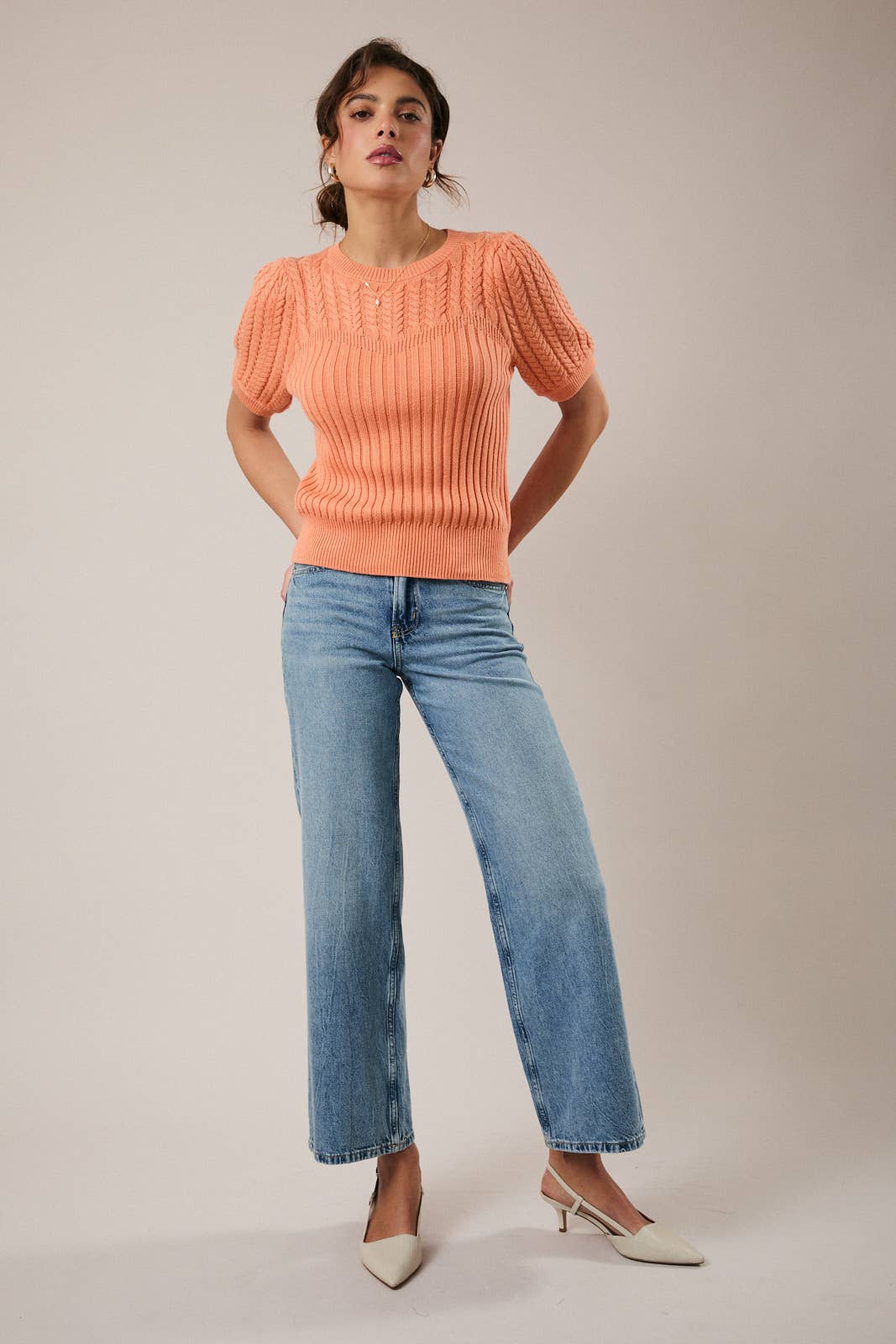 Sunday Edition by LE LIS - Wholesale Knit Sweater - Women's - ROUND NECK PUFF SHORT SLEEVE CABLE SWEATER19