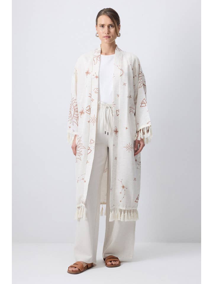 Beige BOHEMIAN ZODIAC PRINT KIMONO TASSEL KIMONO for wholesale on Faire