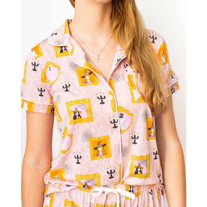 Gilded Ghouls Short Sleeve Button Up Sleep Shirt Light Pink/Multi -Asst. for wholesale by The Royal Standard