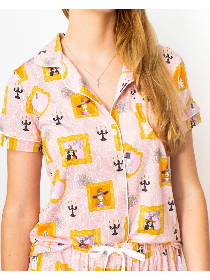 The Royal Standard - Wholesale Sleepwear Top - Women's - Gilded Ghouls Short Sleeve Button Up Sleep Shirt Light Pink/Multi -Asst.