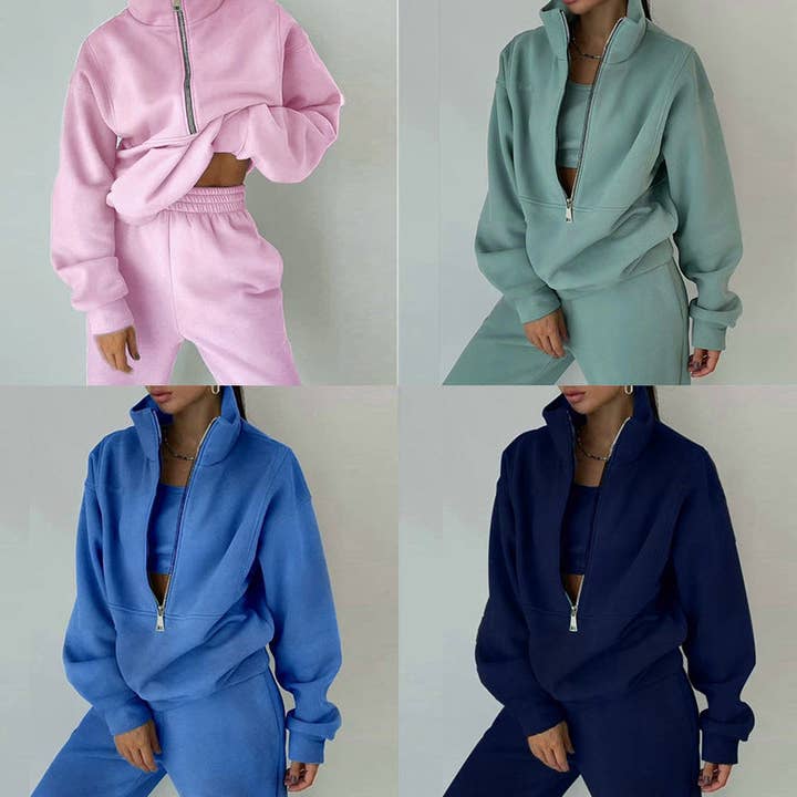 Ensemble jogger pour femme tendance, sweat à capuche zippé en polaire pour la vente par Halcyon Outfitters®