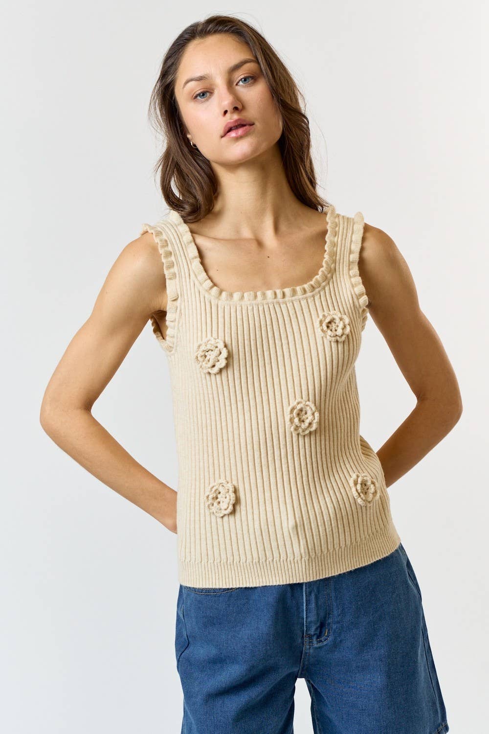 Lalavon - Wholesale Knit Top - Women's - ILT3740 3D Crochet Flower And Ruffled Hem Knit Tank Top 1